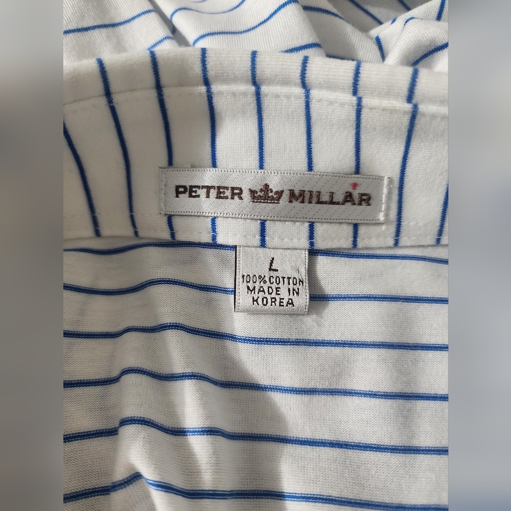 Peter Millar Men Polo Shirt Blue White Stripe Cotton Golf Short Sleeve Size L - Picture 5 of 7